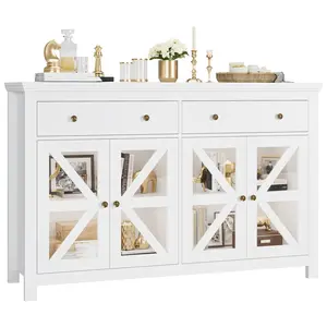 FOTOSOK Sideboard Buffet Cabinet with Storage, 55.1" Large Sideboard Kitchen Cabinet with 2 Drawers and 4 Glass Doors, White Coffer Bar Buffet Table for Dining Living Room