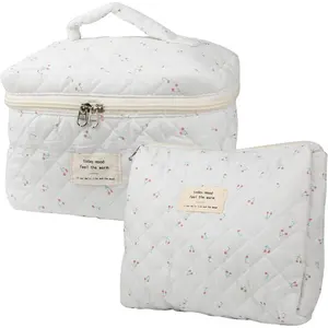 Cute Makeup Bag for Women(2 Pcs), Travel  Bags, Quilted  Aesthetic Floral Toiletry Organizer Bag (Cherry)