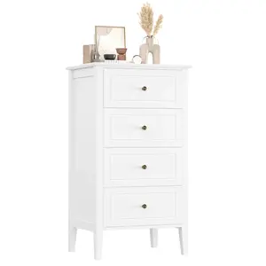 4 Drawer White Dresser for Bedroom, Wooden Nightstand Chest of Drawers with Tall Legs, Small Dresser with Gold Handles, Narrow Dresser for Living Room, Bathroom, White