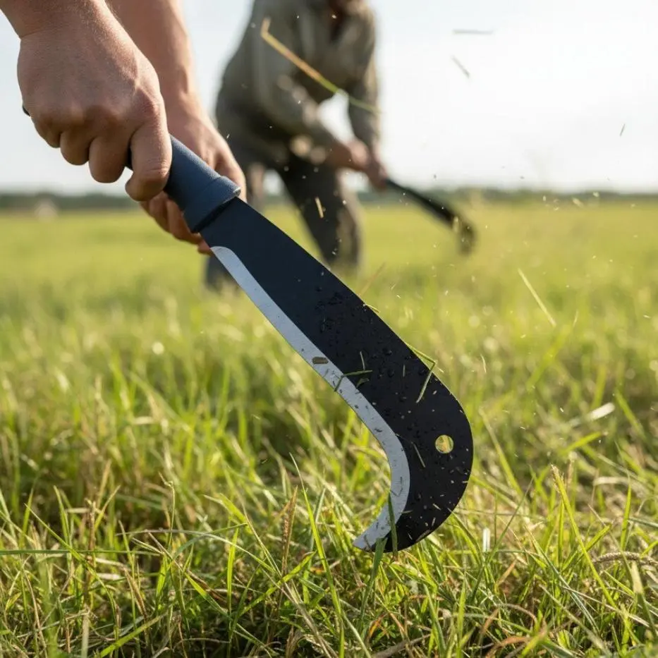 Yard work tools with a curved hook design for cutting trees, cleaning brushes, mowing lawns, and garden tasks; extended handle with manganese steel hook/sickle—professional land clearing and pruning tool; 34 cm ergonomic grip.