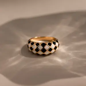 Checkered Dome Ring by Caitlyn Minimalist - Black and White Art Deco Ring - Chunky Gold Statement Ring - Vintage Jewelry - Gift for Her