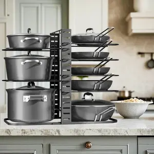 Pot and Pan Organizer Rack for Cabinet, Upgraded Adjustable Pot Lid Organizer for Cutting Board, Cast-iron Pan, Heavy Cookware