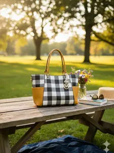 Leather Checker Women's Tote Bag with Matching Wallet-2 Pieces