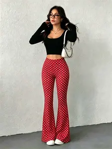 Women's Polka Dot High Waisted Flare Pants, Flared Stretch Bell Bottom Leggings, Slim Fit Retro Vintage Printed Trousers for Casual Daily Party Clubwear