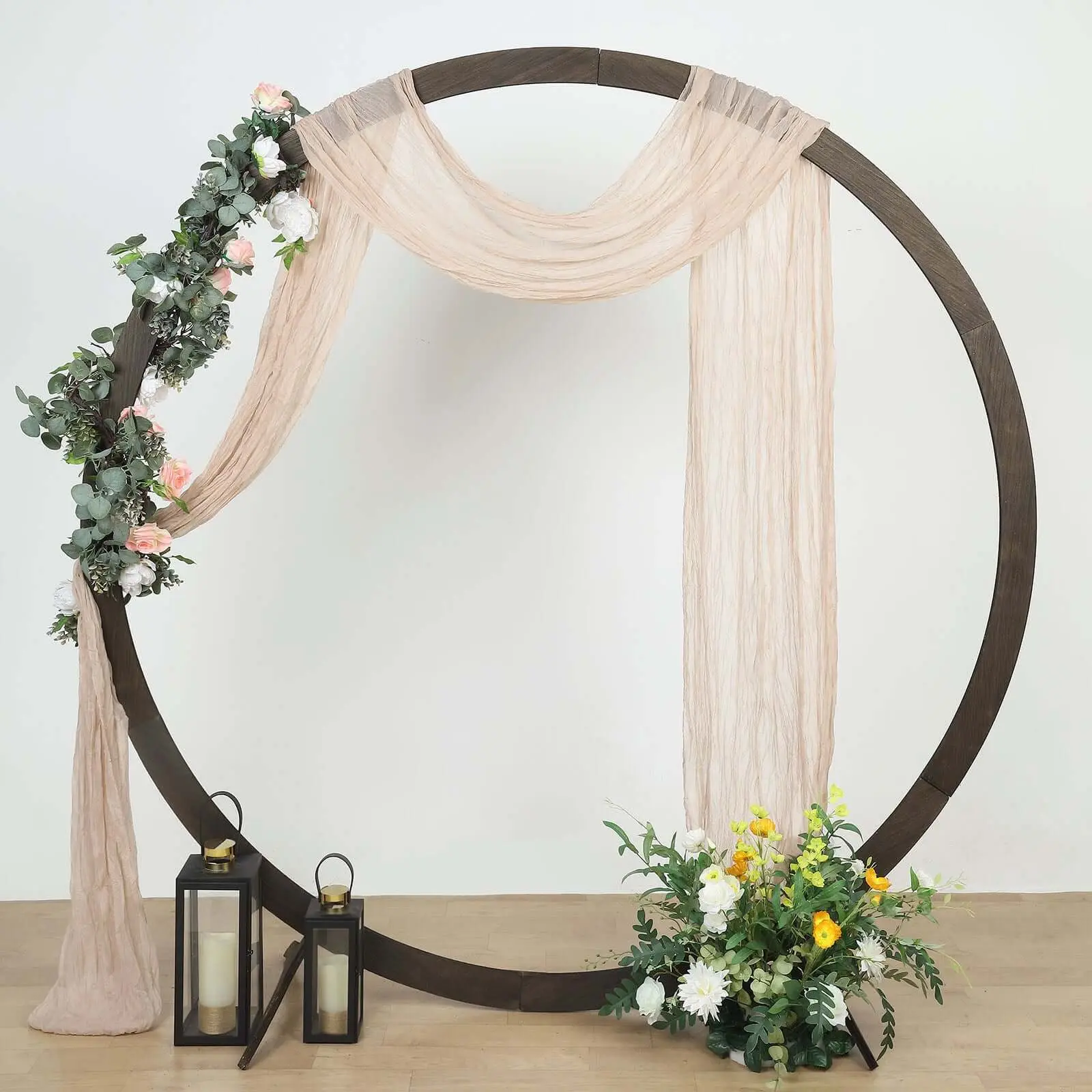 Nude Beige Sheer Foldable Wrinkle-Texture Gauze Cheesecloth Draping Fabric - 20ft Hangable Decorative Backdrop for Weddings, Ceremony, Arbor Use (Arched Window Prop, Party Arch Trellis; Sun Fading Is Possible)
