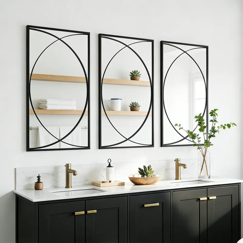 3Pcs Home Rectangle Wall Mirror, Large Vanity Mirror, Wall Mounted Mirror Set, Black Metal Frame Wall Decor, Home Wall Decor For Living Room Bedroom Vanity Entryway Foyer
