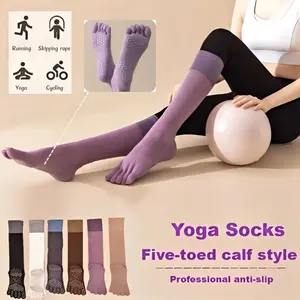 One Pair Spring Anti-Slip Five-Toe Athletic Yoga Pilates Toe Socks Toeless Socks with Grips for Women Non Slip Cushioned Knee Highs Over Calf Socks, Running, Yoga, Fitness, Cycling, Mid-Calf Compression Socks