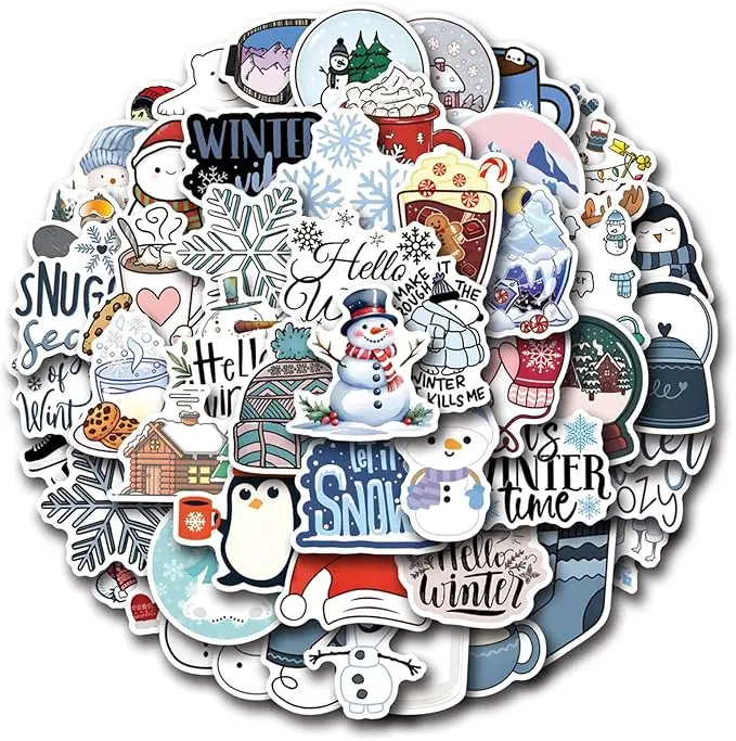 60PCS Unisex Kids Character-Based Winter Graffiti Art PVC Cute & Funky Stickers - Durable, Reusable, Easy to Apply/Remove, Waterproof, No Battery Needed, 1.96-3.15 inches (5-8cm) - Christmas Gifts for Laptops, Water Bottles, Mirrors