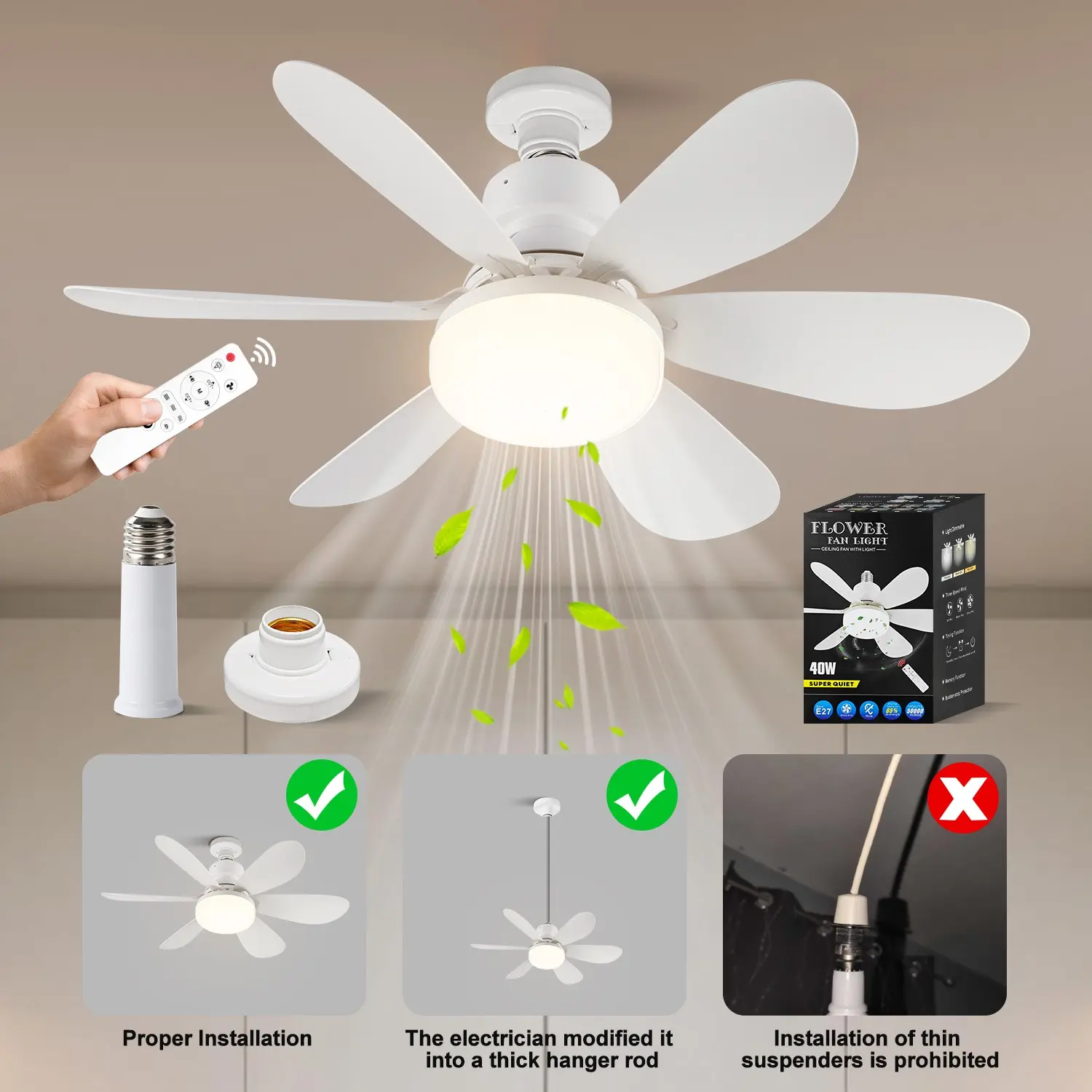 Modern Adjustable Ceiling Fan Light, E27 Socket 20.5 Inch Remote Control, Three Color Temperatures, Dimmable, Acrylic Lampshade, Dimmable Ceiling Lights, Lighting Fixture