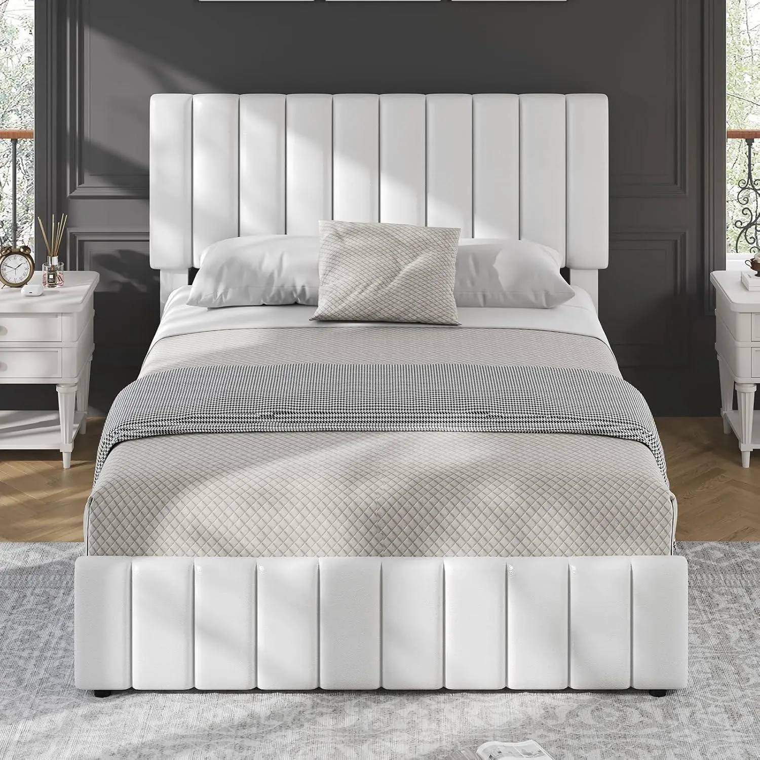Gaomon Durable Queen-Size Linen Vertical Striped Upholstered Bed Frame - Silent Wooden Slats, 4 Storage Drawers, Adjustable Headboard, With Compartments, No Box Spring Needed, Easy Setup, Assembly Required, White, 27.5"l x 19.6"w x 5.1"h
