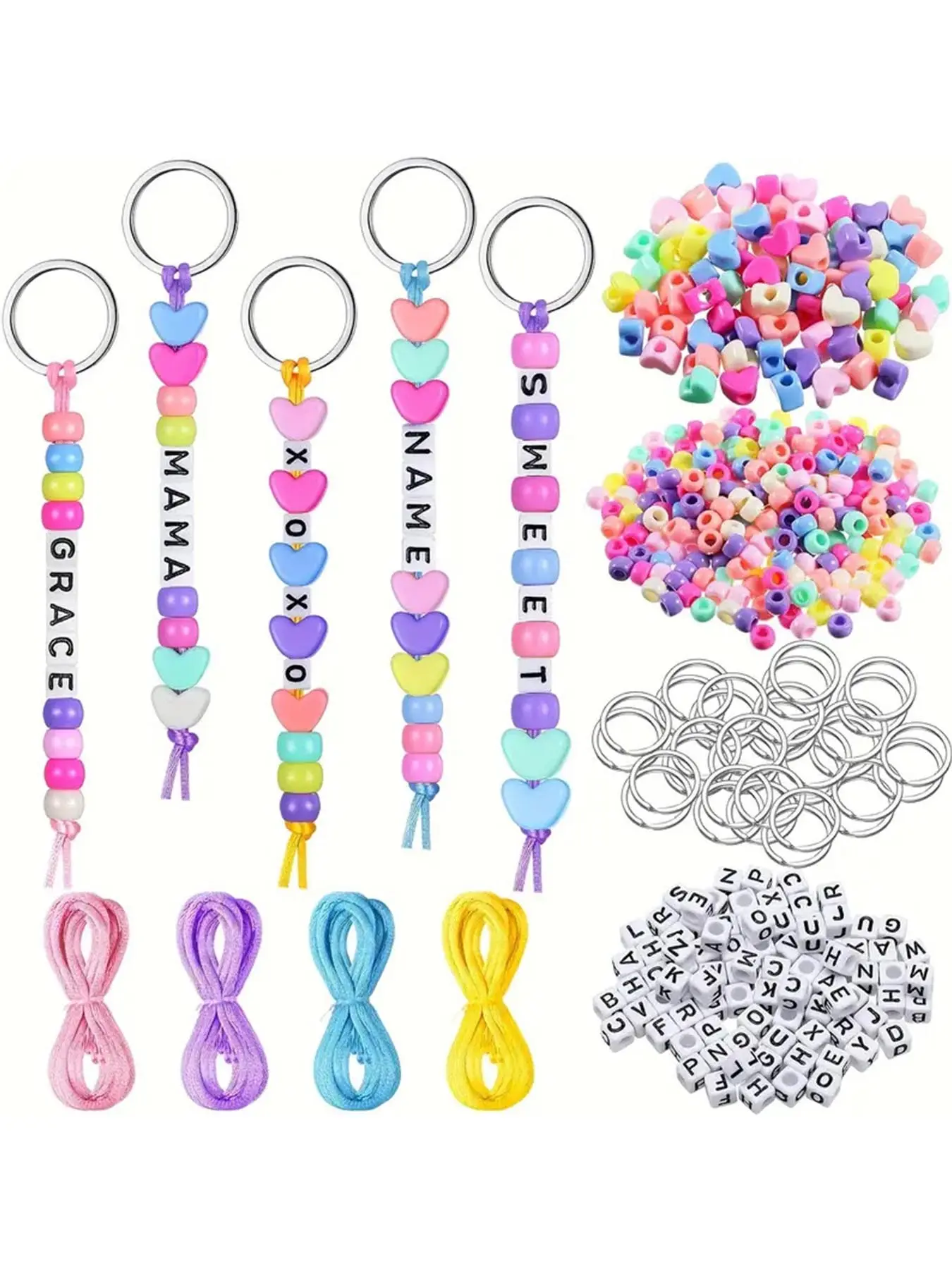 566pcs Bohemian Letter Bucket Beads, Bead Assortment, Beaded Set, Love Bead Keychain, Handmade DIY Keychain Making Set, Adjustable Letter Heart-shaped Transparent Bead Material, Ladies Luggage Pendant, birthday gifts, DIY Beading Accessories