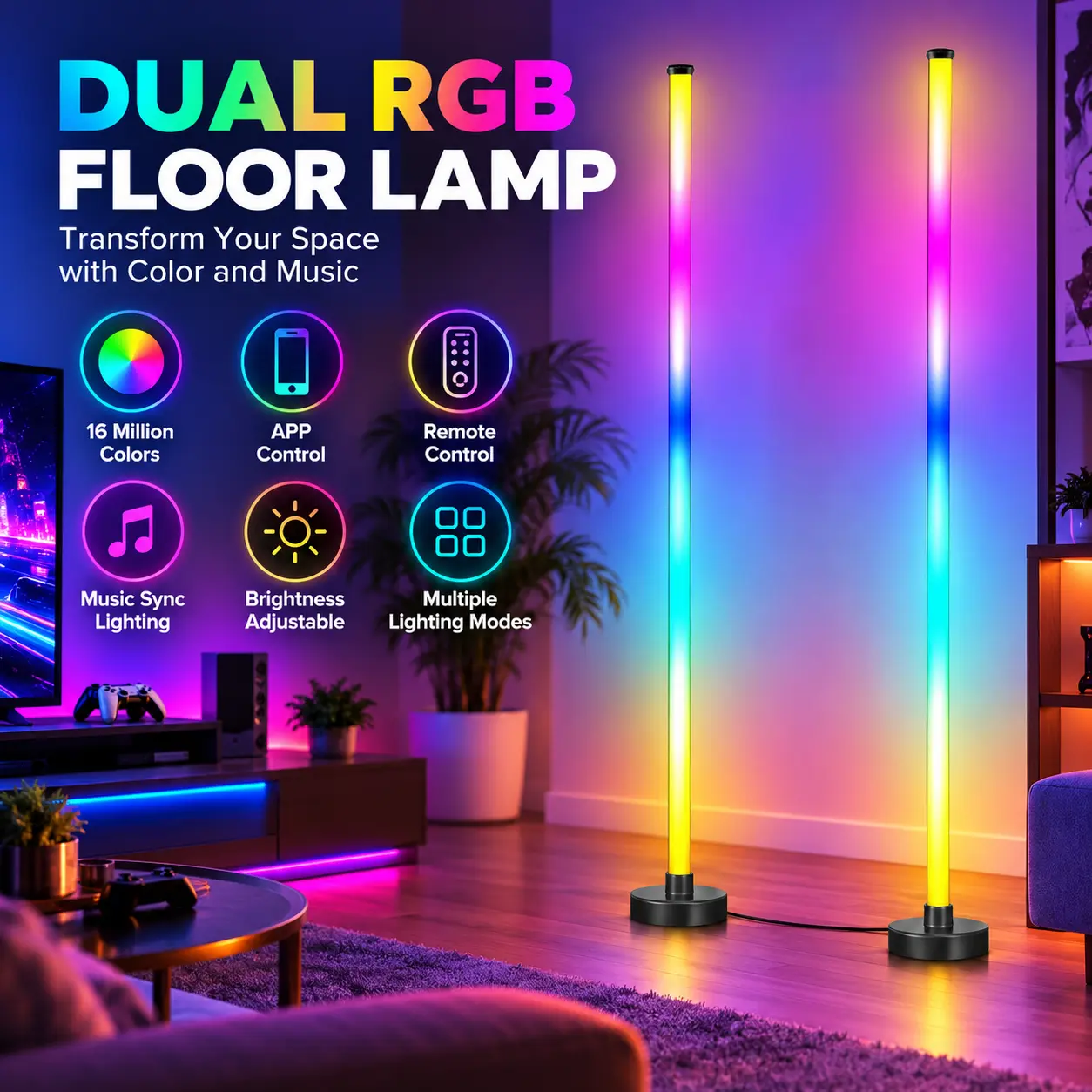 Upgraded RGB Floor Lamp Set with 2 Connected Light Bars, Music Sync, App & Remote Control, Color Changing LED Mood Lighting for Bedroom, Living Room & Gaming Room