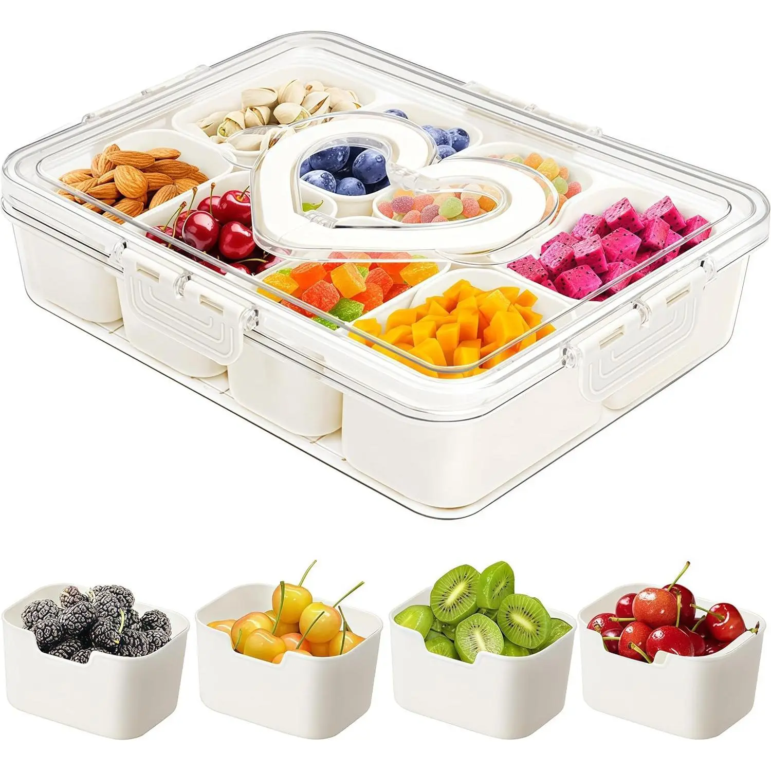 8-Compartment Kitchen Snackle Box Container - Divided Serving Tray with Lid, Handle, Portable Organizer for Fruit, Candy, Nuts - Ideal for Road Travel, Parties (1 Pack)