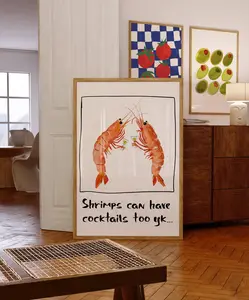 Funny Shrimp Cocktail Watercolor Art Print - Quirky Kitchen Bar Decor