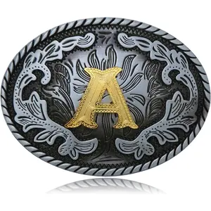 Western Belt Buckle Western Cowboy Initial Letters ABCDJMR to Z Oval Belt Buckle for Men Women Boys Girls