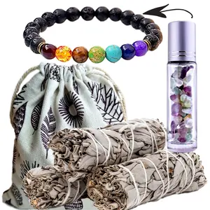 Sage Smudge Sticks & Chakra Bracelet Gift Set w/ Gemstone Oil Roller Bottle