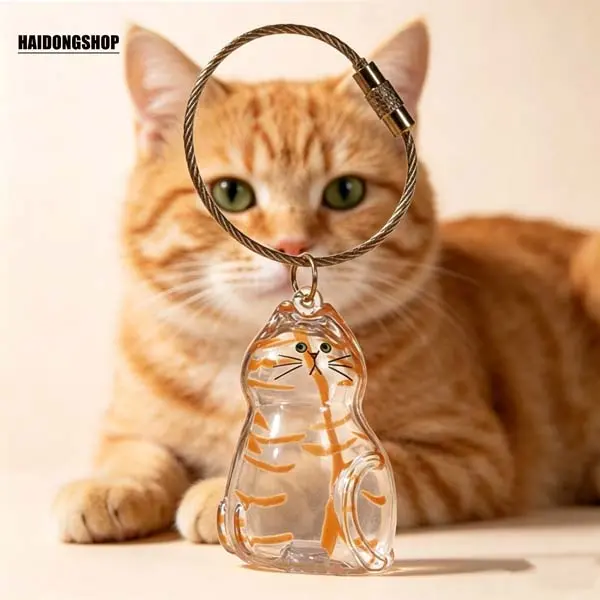 Cute Minimalist Kitten Wire Loop Key Ring, Lovely Animal Bag DIY Pet Fur Memory Capsule, Memorial Keychain for Cats, Transparent Transparent Material Pets Fur Keepsake,