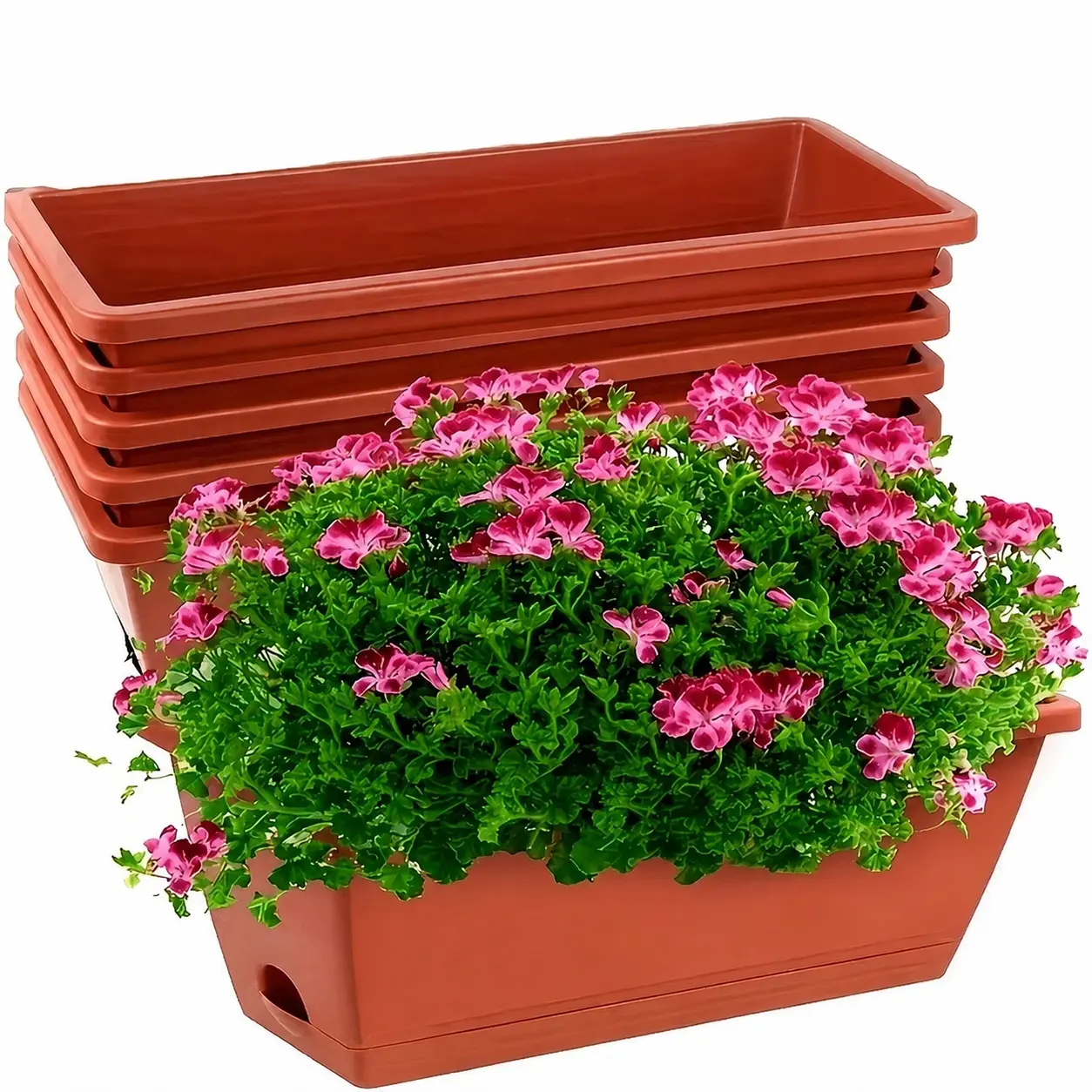 5 Pack 16.93-Inch Rectangular Window Box Planters with Drainage Trays, Terracotta-Color Plastic Flower Pots for Herbs, Vegetables and Flowers, Indoor Outdoor Patio, Balcony and Windowsill