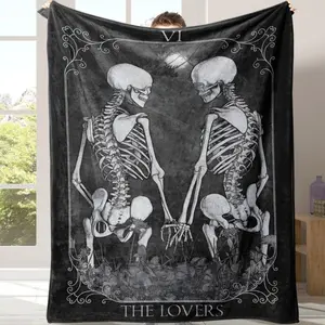 Gothic Skull Print Flannel Blanket, Casual Soft Throw Blanket with Storage Bag, Cozy Throw Blanket, Warm Napping Blanket for Home Office School Travel  A multi-functional and beautiful blanket suitable for decoration, use and as a gift.