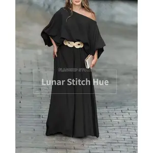 Women's Asymmetrical Neck Lantern Sleeve Top and Wide-Leg Pants Set - Perfect for Valentine's Day, Weddings, and Wedding Guest Outfits