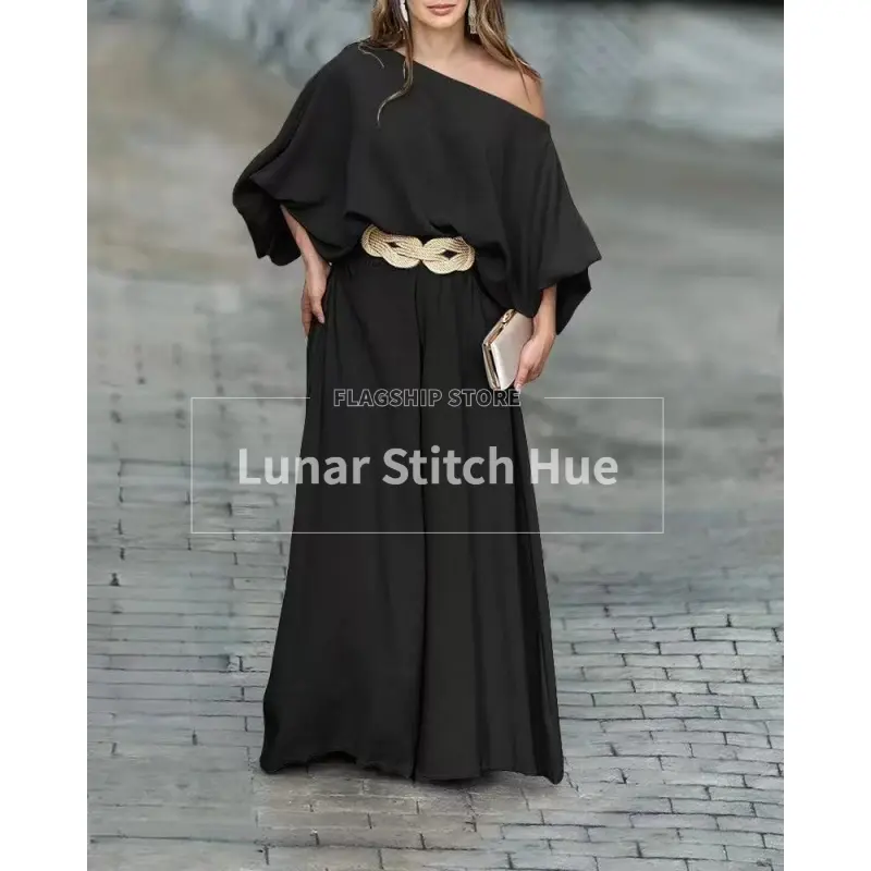 Women's Elegant 2-Piece Pants Suit, Solid Asymmetrical 1-Shoulder Top with Fluffy Lantern Sleeve & Slimming Wide-Leg Trousers, Fashion
