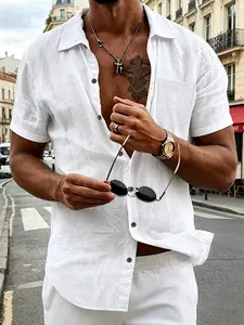 Men's linen button-down shirt with a collar, casual long-sleeved beach top with pockets, lightweight and comfortable design, suitable for leisure vacations