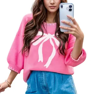 Asvivid Women's Ribbon Bow Print Contrast Stitch Trim Drop Shoulder Sweater Womenswear Knitwear Sweet Valentine's Day Tops Summer Spring Piece