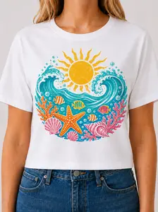 Women's Short-Sleeve Casual Comfortable Tee - Coastal Ocean Sea Life Graphic Top with Starfish, Seashell, Tropical Marine Prints, Beach Vacation Outfit, Ocean Lover Gift, Shortsleeve Women's Clothes