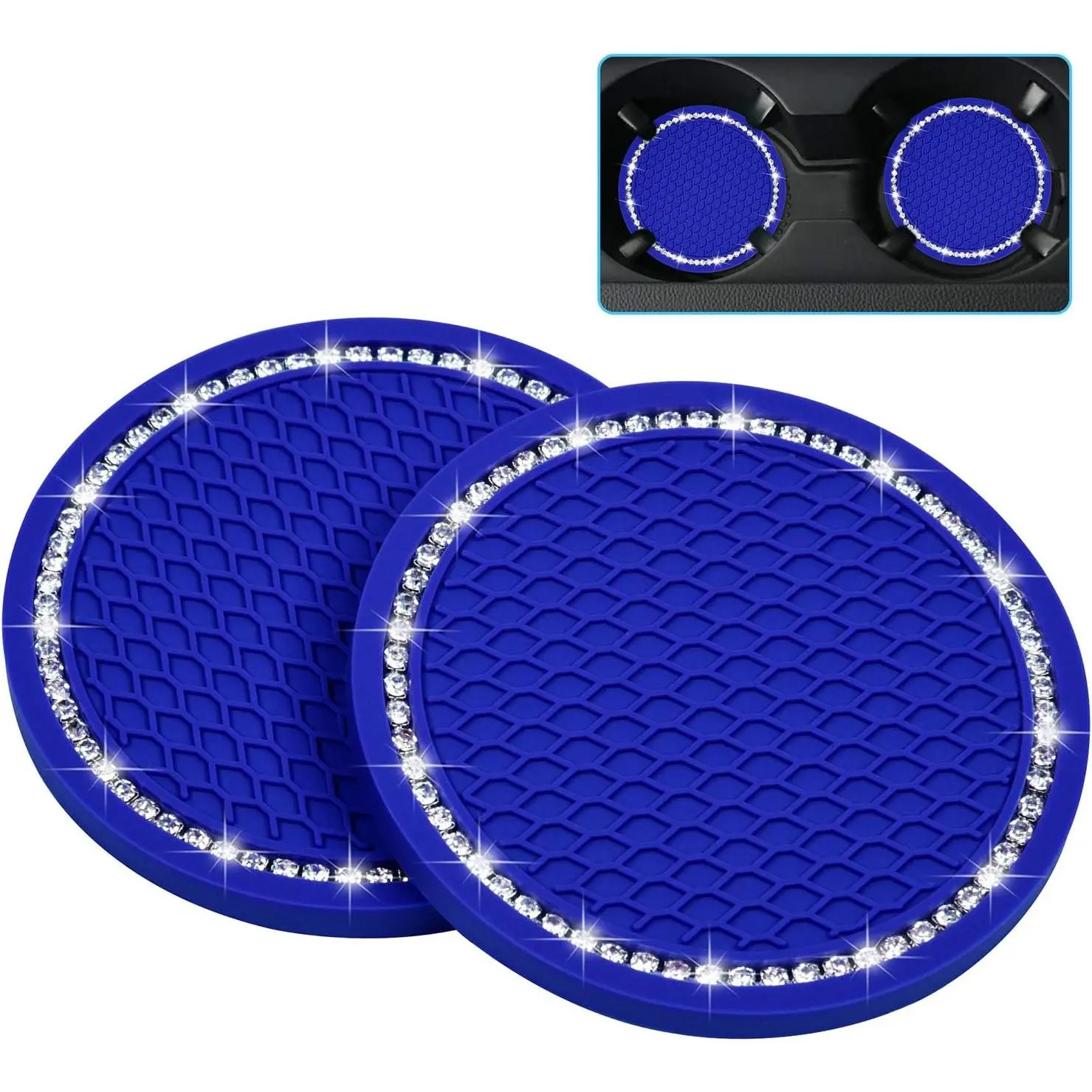 Bling  Coasters,  2 Pack PVC  Cup Holder Insert Coaster - Anti Slip Universal  Interior Accessories  Glitter Cup Mats for Women and Men (2.75" Diameter, Blue)
