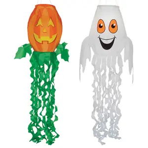 In the Breeze Halloween Jack O'Lantern & Ghost 3D Windsock with Curly Tails 40-inch Colorful Scary Cute Outdoor Decor for Yards Patios Gardens