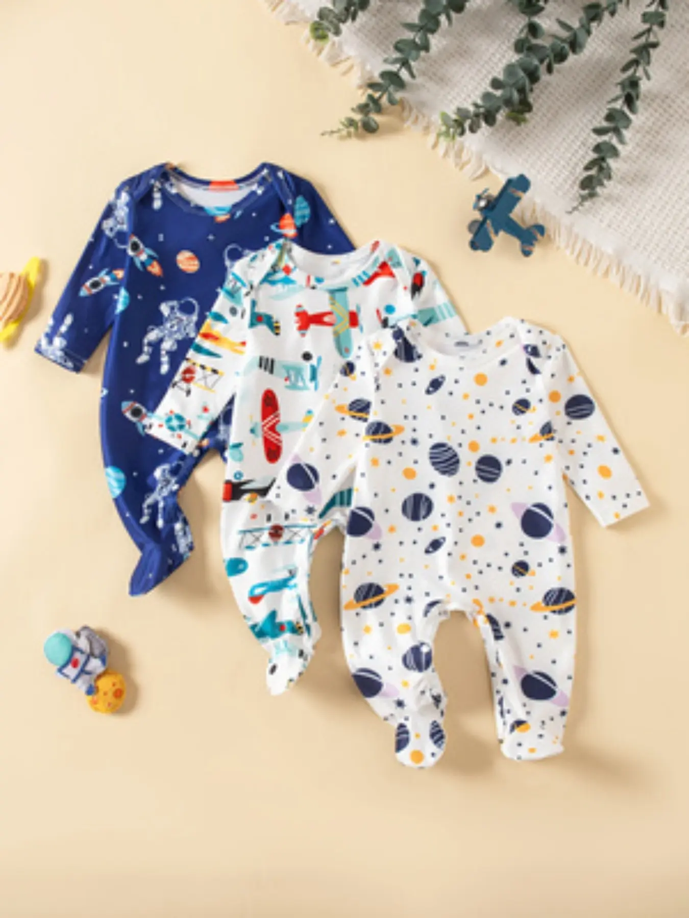 Spring & Fall Baby Onesies Set, Long Sleeve Footie Pajamas, Cartoon Print Newborn, Unisex Infant Sleepwear, Baby Clothing