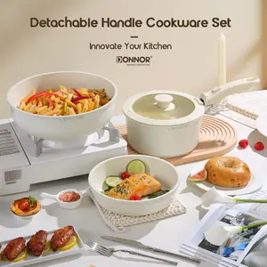 5pcs Pots and Pans Set Nonstick Ceramic Cookware Set Non toxic Healthy Non Stick Kitchen Cooking Set Induction Cookware PFAS-Free Detachable Handle with Lids Induction Cookware Oil