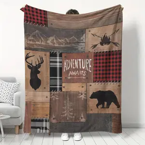 Vintage Bear Deer Print Flannel Throw Blanket, Soft Comfortable Gift Blanket for Adults, Suitable for Home Picnic Travel Chair Sofa Bedroom Camping