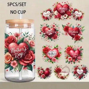 5Pcs/Set Happy Mother's Day 16OZ Glass Jar Transfer Paper UV DTF High Self-Adhesive Transfer Paper Suitable For Decorating Cups And Bottles Sticker Adhesive Vinyl