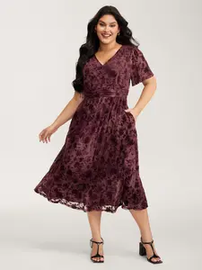 【Summer Turn-Up】【Mesh 】 Bloomchic Velvet Jacquard Pleated Waist Sheer Midi Dress in Burgundy with Ruffle Sleeves V-Neck Side Seam Pocket for Romantic Summer Style 2026 Summer Pick for Mother's Day