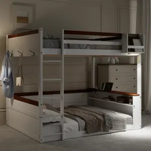 Queen over Queen Bunk Bed Wooden Frame with Built-in Shelves,Storage Box,LED Light and USB Charging Station