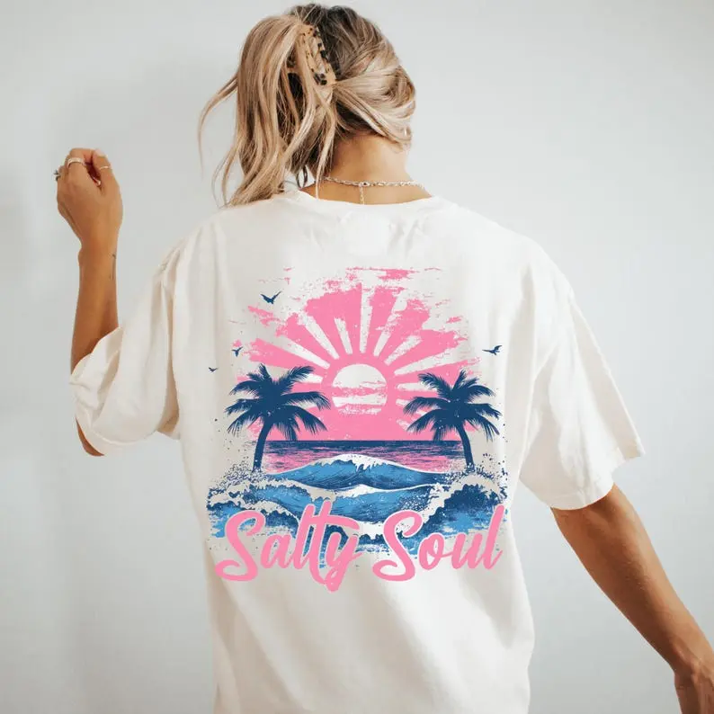 Comfort Colors Women's Baggy Pure Cotton Crew Neck Short Sleeve T-Shirt - Golden, Trendy Tropical Print, Bold Graphics, Coastal Look, All Seasons, Relaxed Fit Basics, Ocean-Inspired Summer Aesthetic, Colorful Style, Back Graphic Design