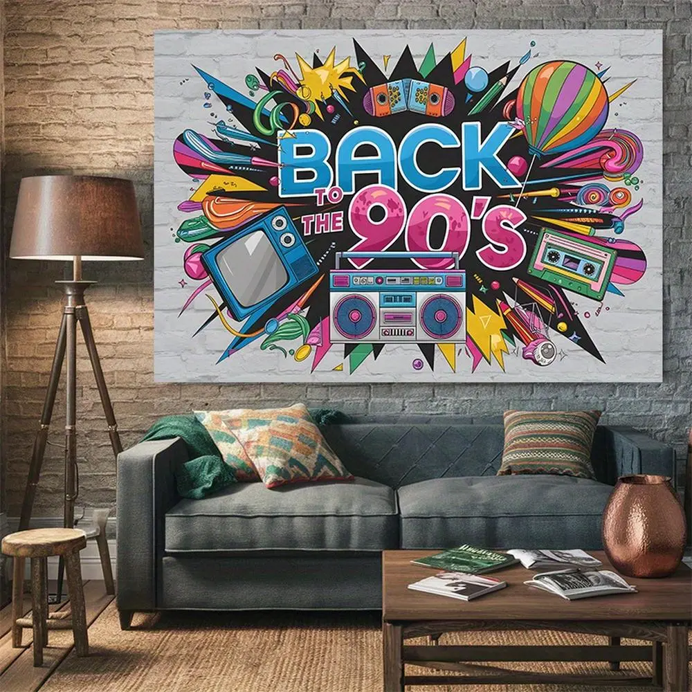 1pc 2D Flat Retro 90s Party Backdrop Banner - Vibrant Polyester Wall Decor with "Back to the 90's" Text & Nostalgic Design, Perfect for Home, Room, and Party Photo Props, Retro Party Decor Ornaments White Decoration