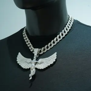 18" Full Bling Cuban Chain with Large Winged Angel Pendant - Angel Motif, Chain Accent, Hip-Hop Jewelry for Rappers Streetwear, Angel Motif Necklaces, Chain Accent Necklaces