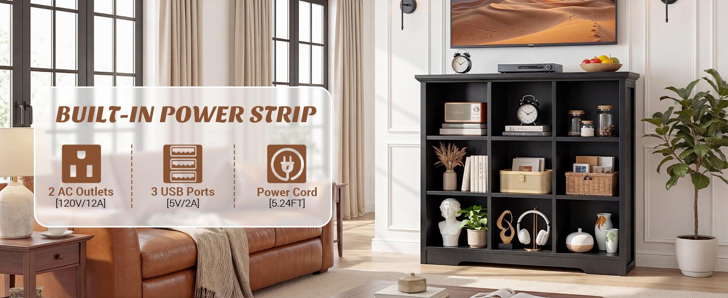 Wooden 9-Cube Storage Organizer with Charging Ports, Modern Cube Bookcase with Base, 4-Tier Floor Standing Open Cubbies Bookshelf for Home and Office