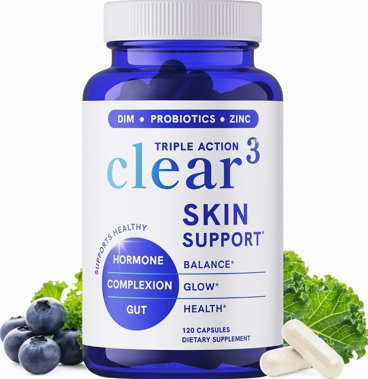 Clear Skin Supplement with Zinc, DIM & Probiotics | 3-in-1 Hormone, Gut & Complexion Support | Triple Action Hyaluronic Acid, Niaciminide & Vitamins for Skin Balance, Glow & Health Support | 120 Ct