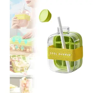 Creative Ice Cube Maker with Portable Kettle, Trend lce Cube Bottle, Push-Type Transparent Ice Cube Mold, Outdoor Straw Cup Fitness Drink Curling Pot (Green, 500ml)
