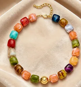 Women Colorful Beads Beaded Necklace Jewelry Multicolor Large Square Resin Bead Chunky Chain Necklace  Bohemian Summer Trend Accessory Ideal Gift for Best Friend on Mother's Day Birthday