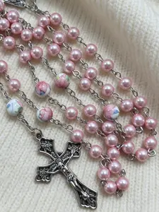 Flower Beaded Cross Necklace, Vintage Religious Rosary, Versatile Ladies' Choker Chain, Elegant Jewelry Accessory