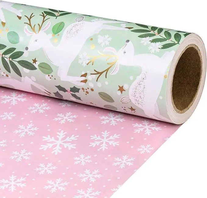 RUSPEPA Reversible Christmas Wrapping Paper Roll, Mini Roll, Gold Foil White Reindeer Woodland Pattern and Pink Snowflake Gift Wrap Paper for Holiday, Winter Gifts, 17 Inches x 16.4 Feet