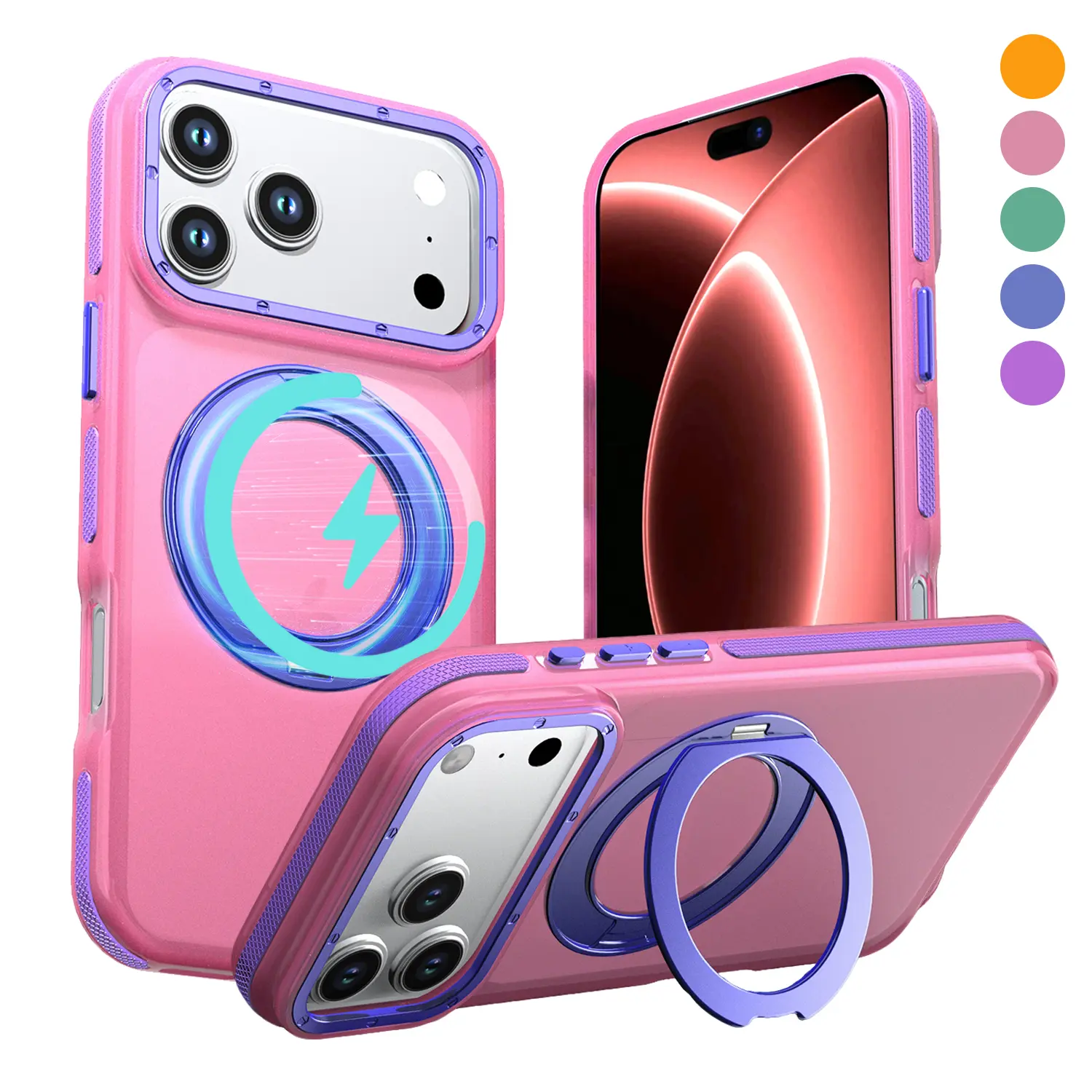 4X Military Air Drop Shockproof Case, 360° Foldable MagSafe Ring Stand, Anti-Fingerprint Smooth Matte Colorblock Lens Raised Protection Phone Cover for iPhone 17 16 15 14 13 12 Pro Pro Max Plus