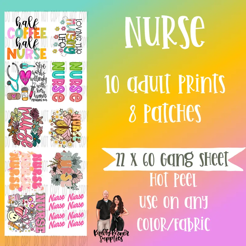 Nurse DTF Transfer Gang Sheet, 22 x 60