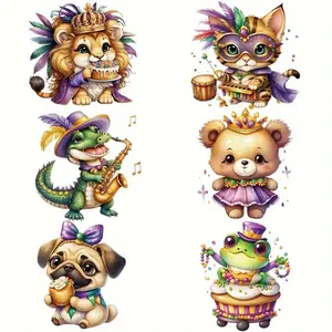 6-piece carnival animal style iron-on patch stickers, washable DIY Handcraft printing T-shirt patches, cartoon animal patterns, suitable for T-shirt, clothing, and fabric decoration.