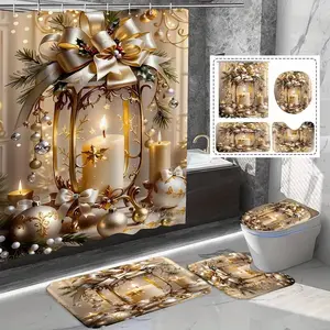 1/4pc Gold Christmas Theme Shower Curtain Set with Tree Design, includes a bathroom mat, toilet seat cover, and U-shaped mat. A perfect holiday gift, ideal for bathroom décor and enhancing the space. Comes with 12 hooks. Bathroom Decoration Accessories