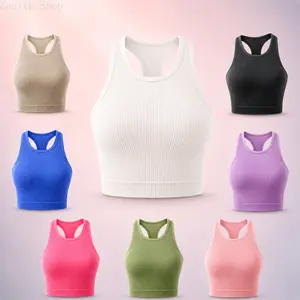 Women's Seamless Ribbed Sports Crop Top, Slim Fit U Neck Backless Racerback Yoga Tank, Casual Spring & Fall Workout Wear, Gym Top